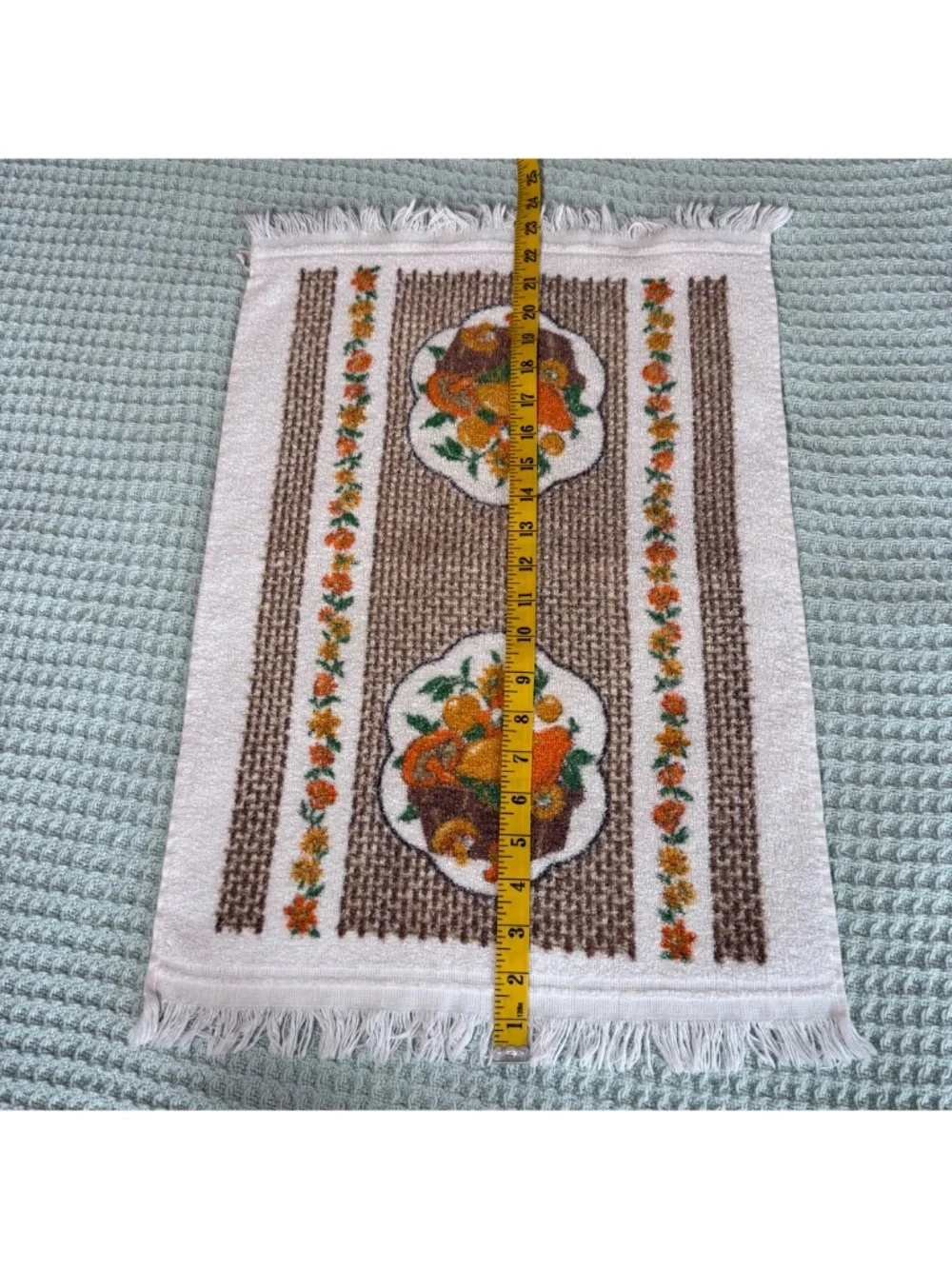 Vintage Cannon Kitchen Hand Towel Fringe Mushroom Fruit Brown Orange Gold 70s